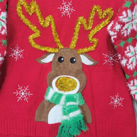 Ugly Christmas Sweater Unisex L Reindeer 3D Rhinestone Tinsel Fur Knit Holiday - Picture 2 of 16